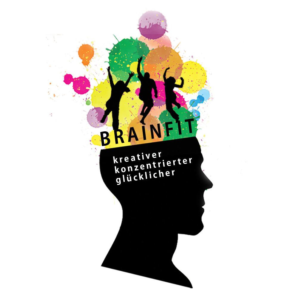 Das Brainfit Logo: Die Shilouette eines Kopfes mit tanzenden Menschen vor bunten Farbklecksen im oberen Bereich